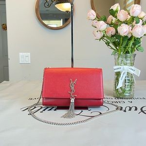 Yves Saint Laurent Red Leather Monogram Tassel Shoulder Bag